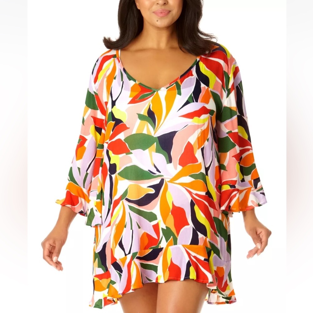 Anne Cole Flounce V-neck Tunic Swim Coverup Multicolor Size 14/16 and 18/20 NWT
